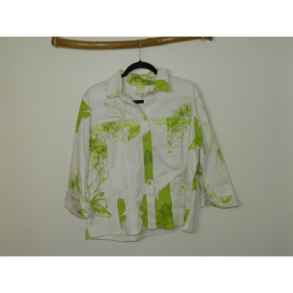 Lilly of California Blouse Jacket Large Womens White Green Button‎ Fringe Beaded